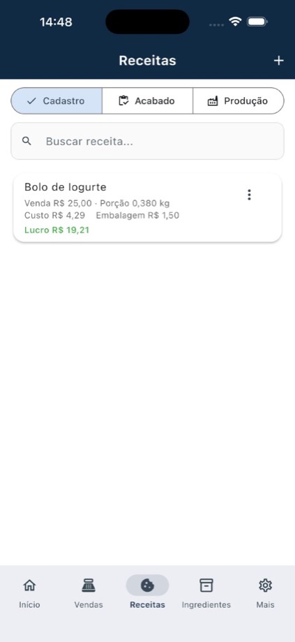 Receitas e custos no Grm Precifica