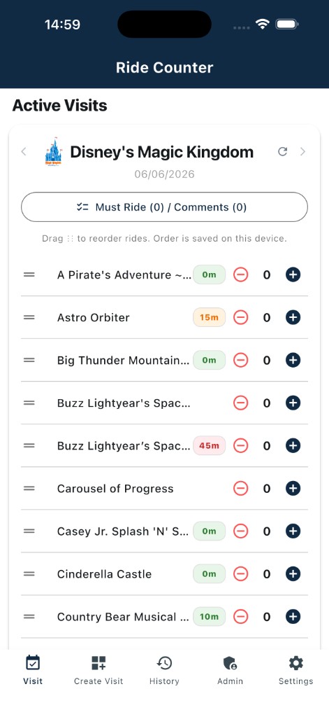 Active Visits screen in Ride Counter
